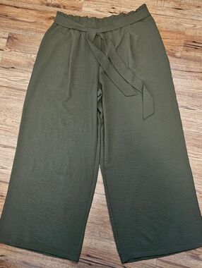 Women's Olive Green Wide-Leg Tie-Waist Pants